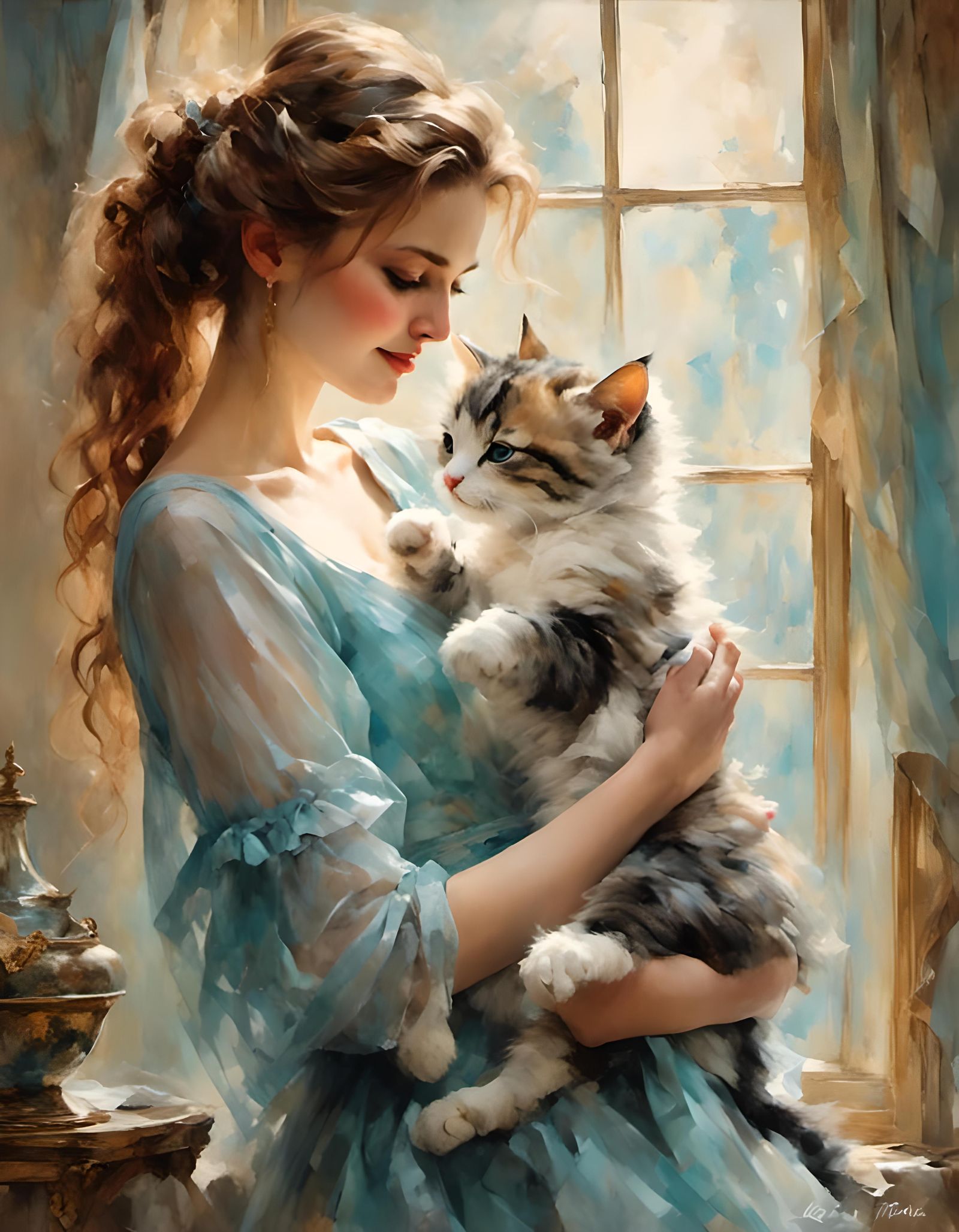 Victorian Mother and Child with Cat in Pastels
