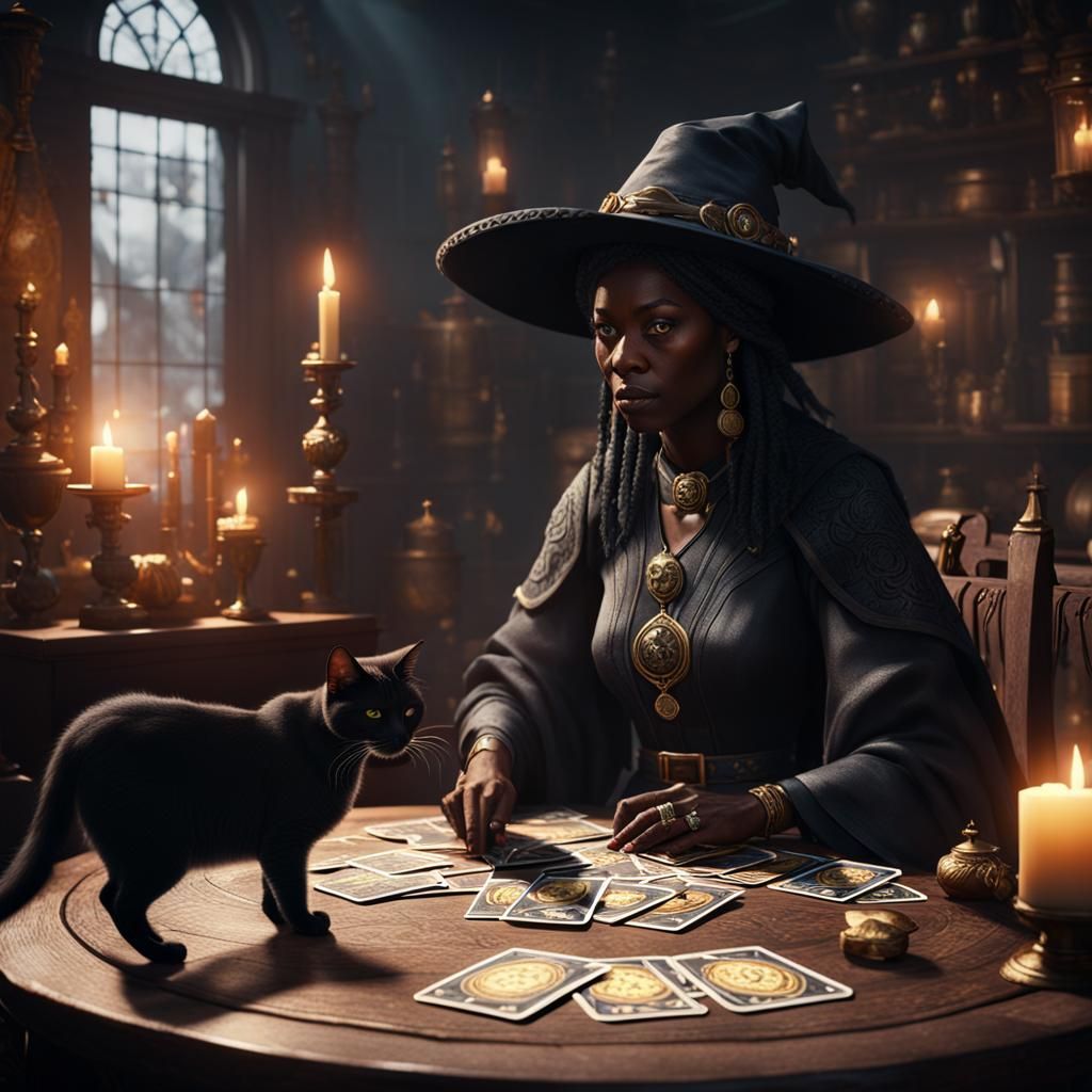 Black Witch and Cat Reading Tarot Cards