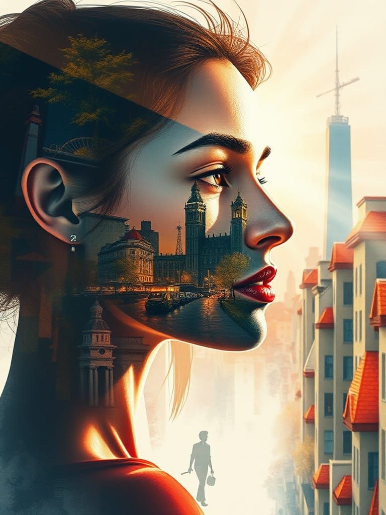 Surreal City Goddess in Double Exposure, Watercolor, and Pho...