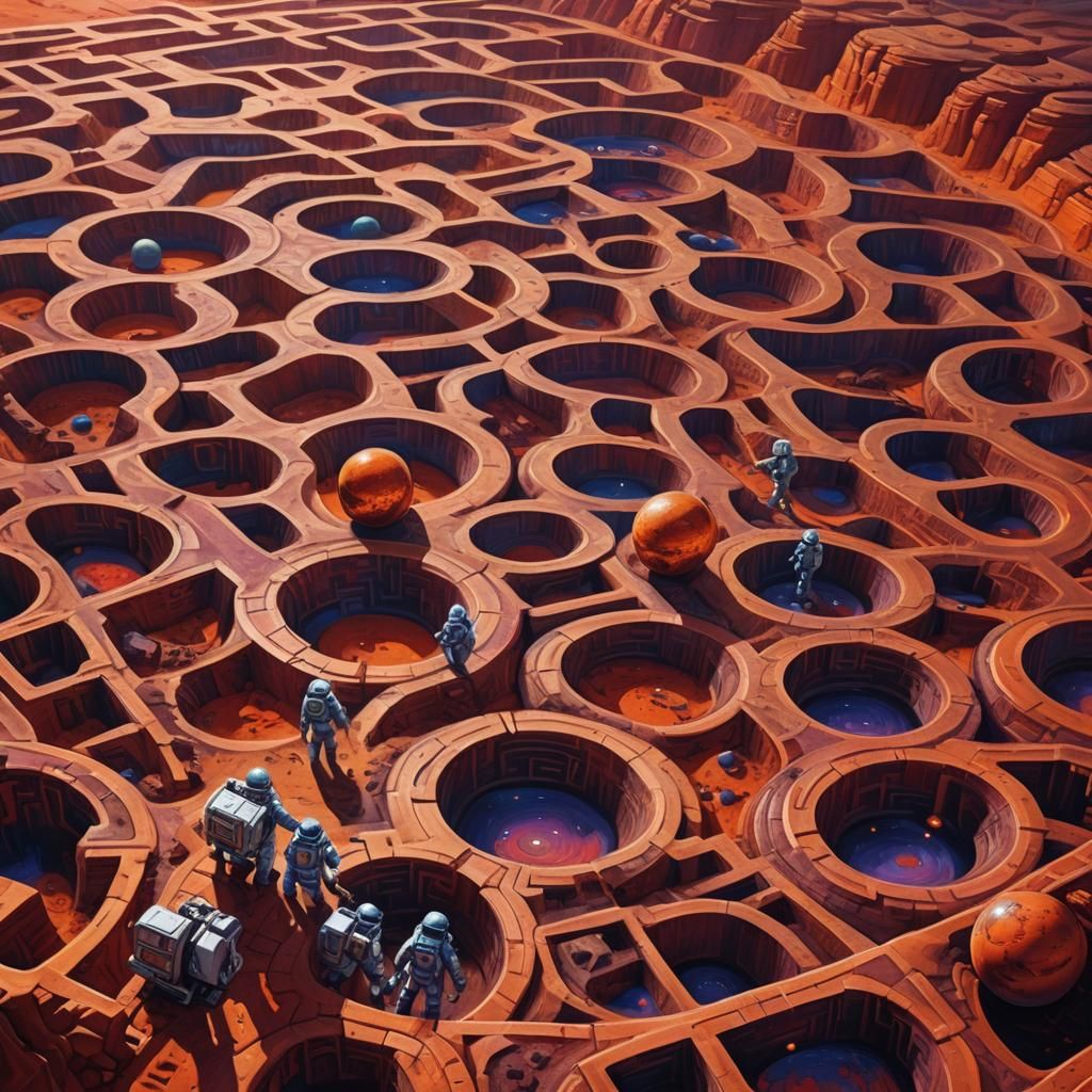 Surreal Martian Maze in Vibrant Oil Painting Style