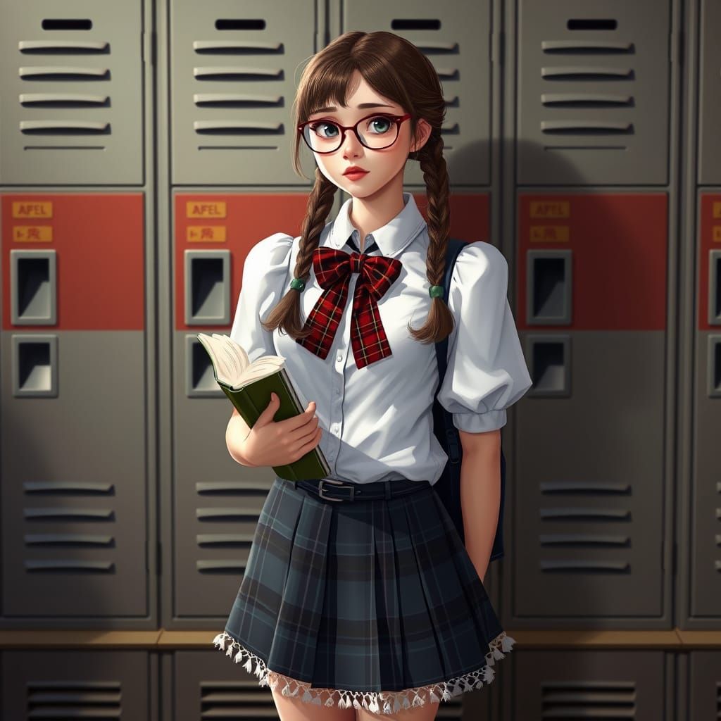 19-Year-Old Schoolgirl in Vintage-Inspired Attire Holds a Bo...