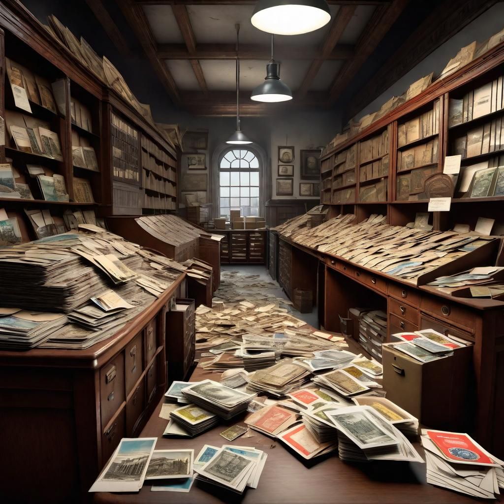 Chaotic 1940s Post Office Scene in Airbrush Style