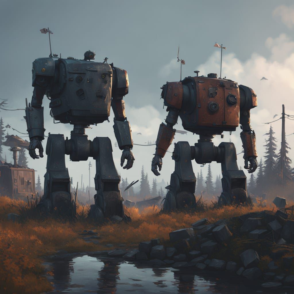 Rusty Robot Contemplates Existence in Junkyard