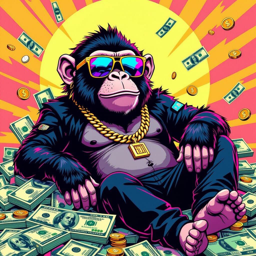 Cool Monkey Lounging on Cash in Neon Style