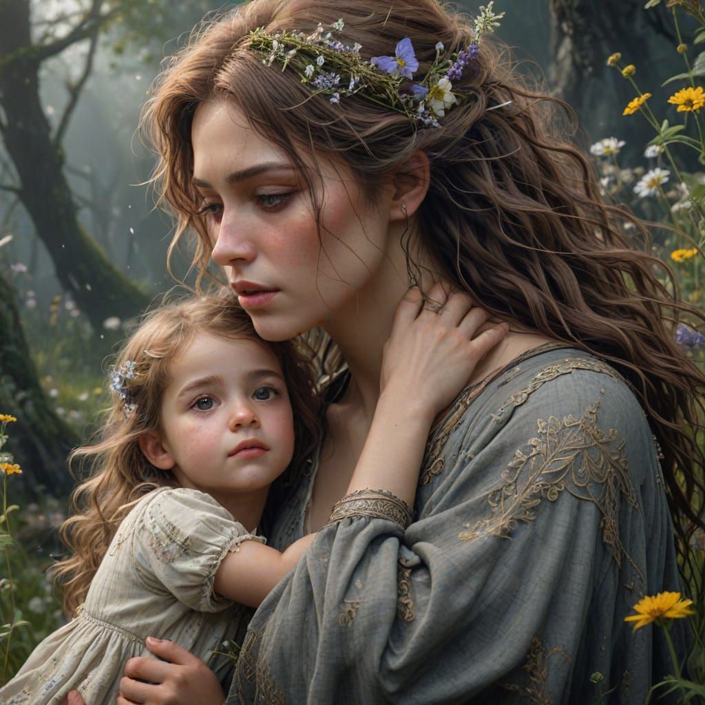 Mother's Tender Embrace in a Misty Landscape