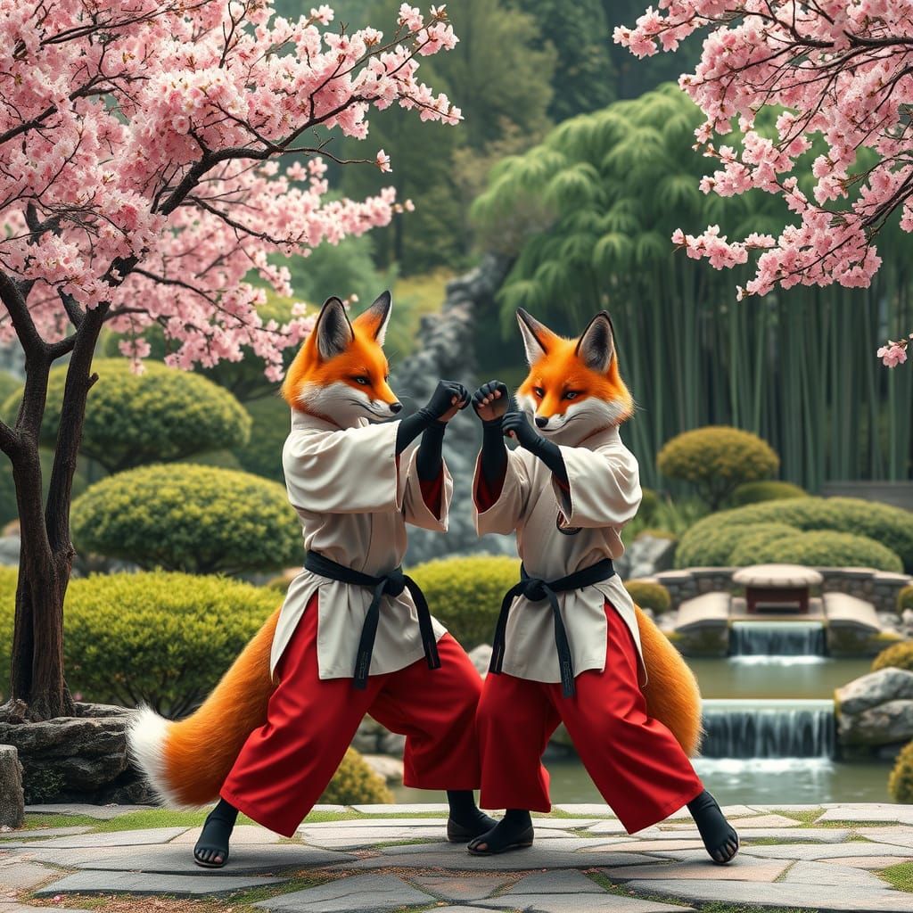 Kitsune Karate Practice in Japanese Garden Art