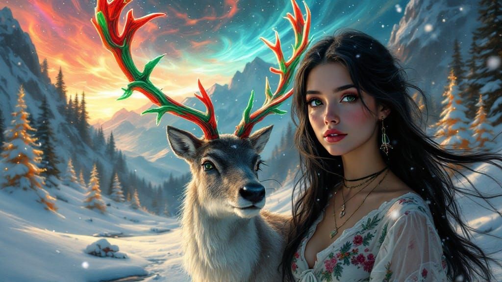 Freckled Woman Interacts with Vibrant Reindeer in a Surreal....