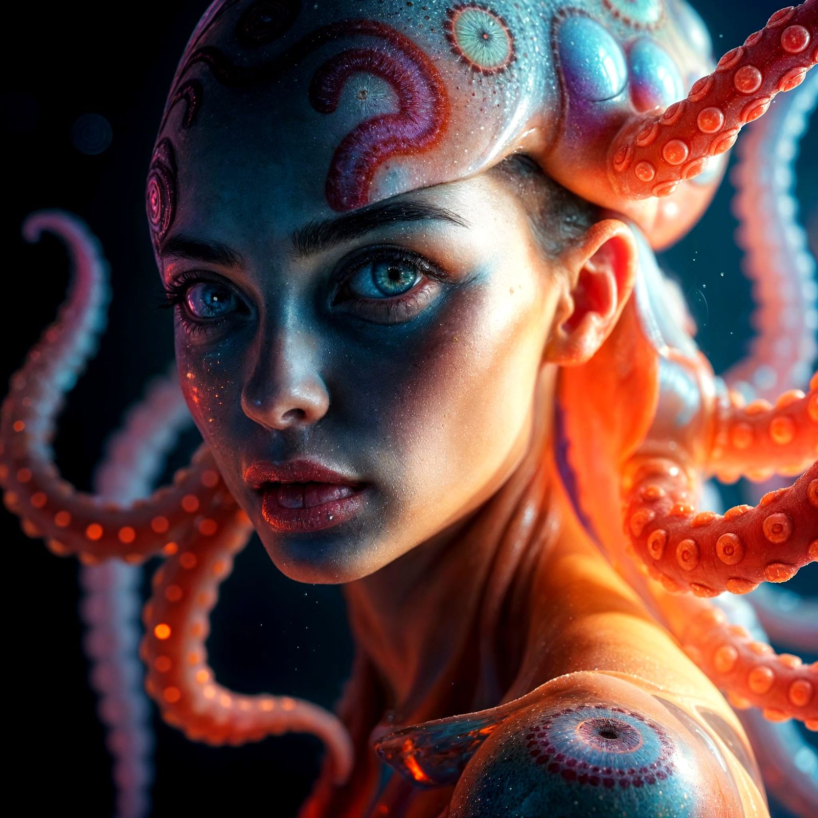 Firework Female Squid-Human Hybrid in Vibrant Cosmic Hues