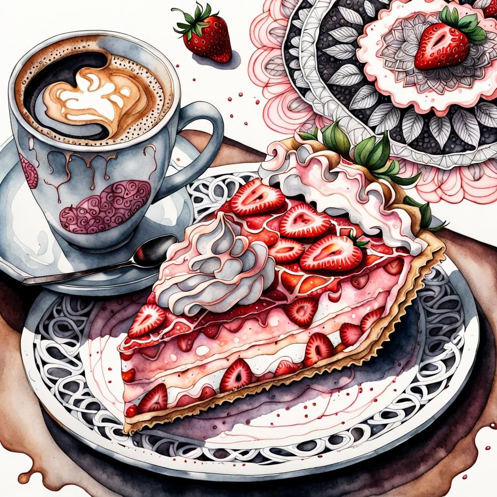 Zentangle Strawberry Pie and Coffee: Ink and Watercolor Art