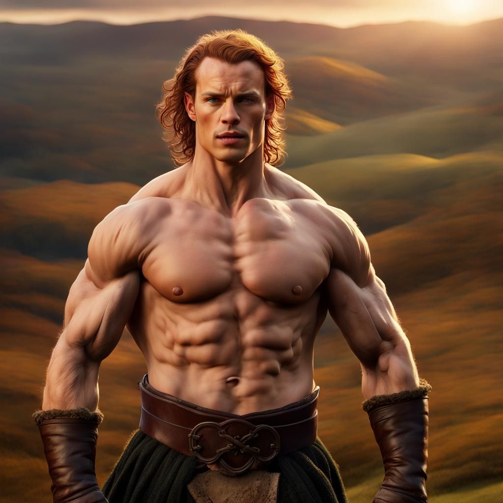 Sam Heughan as Bodybuilder Jamie Fraser in Scotland