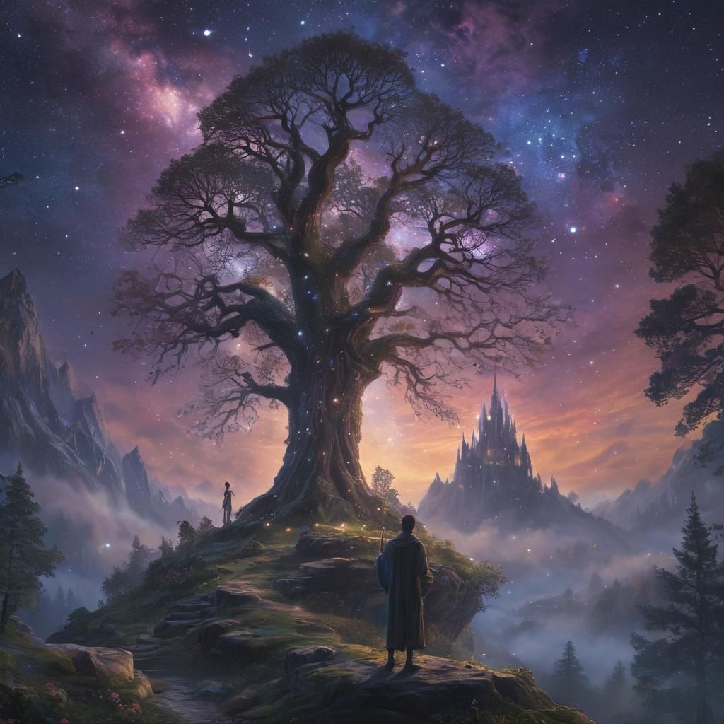 Ethereal Fantasy: Wizard and Elf Under Sparkling Stars