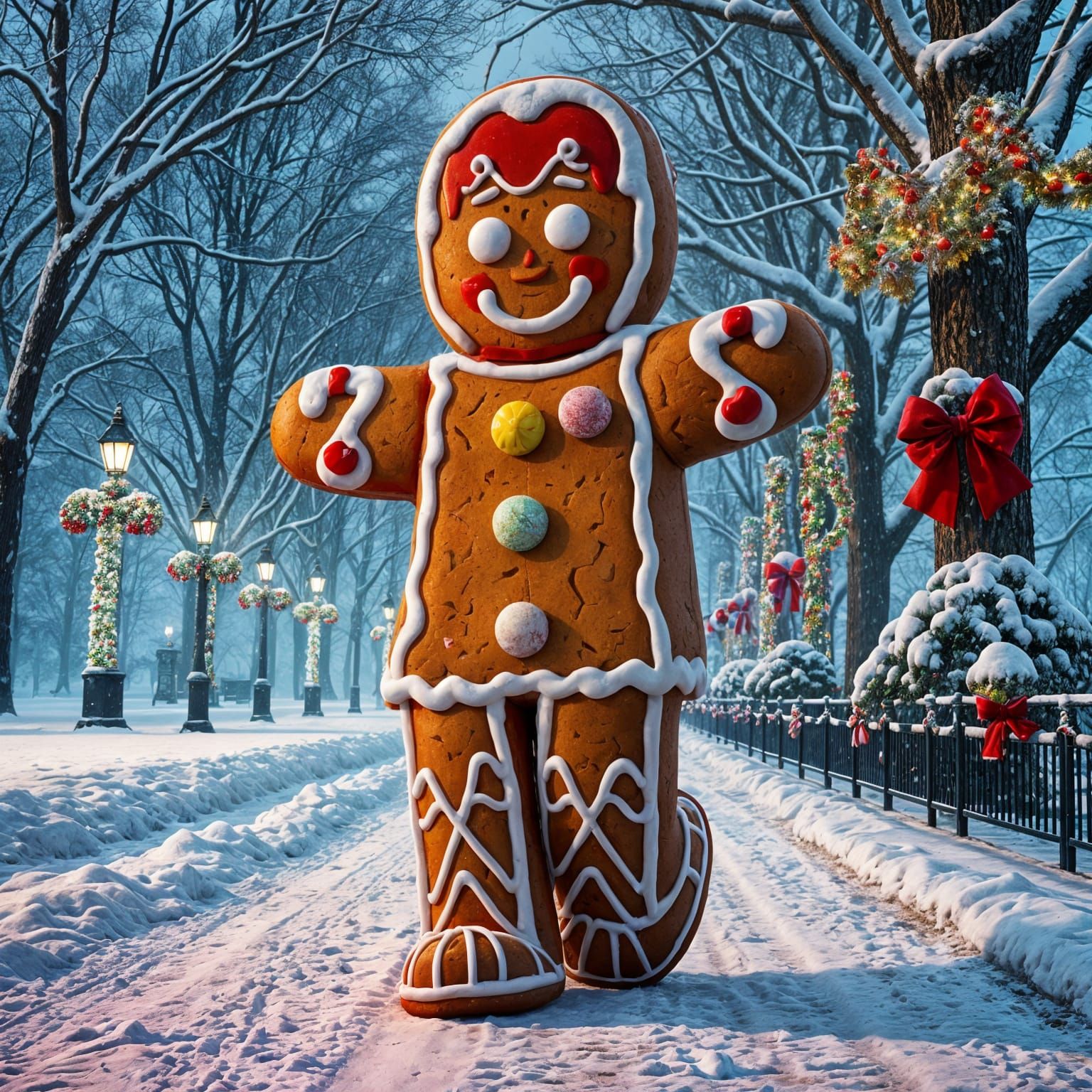 Giant Gingerbread Man Walks Snowy Hyde Park