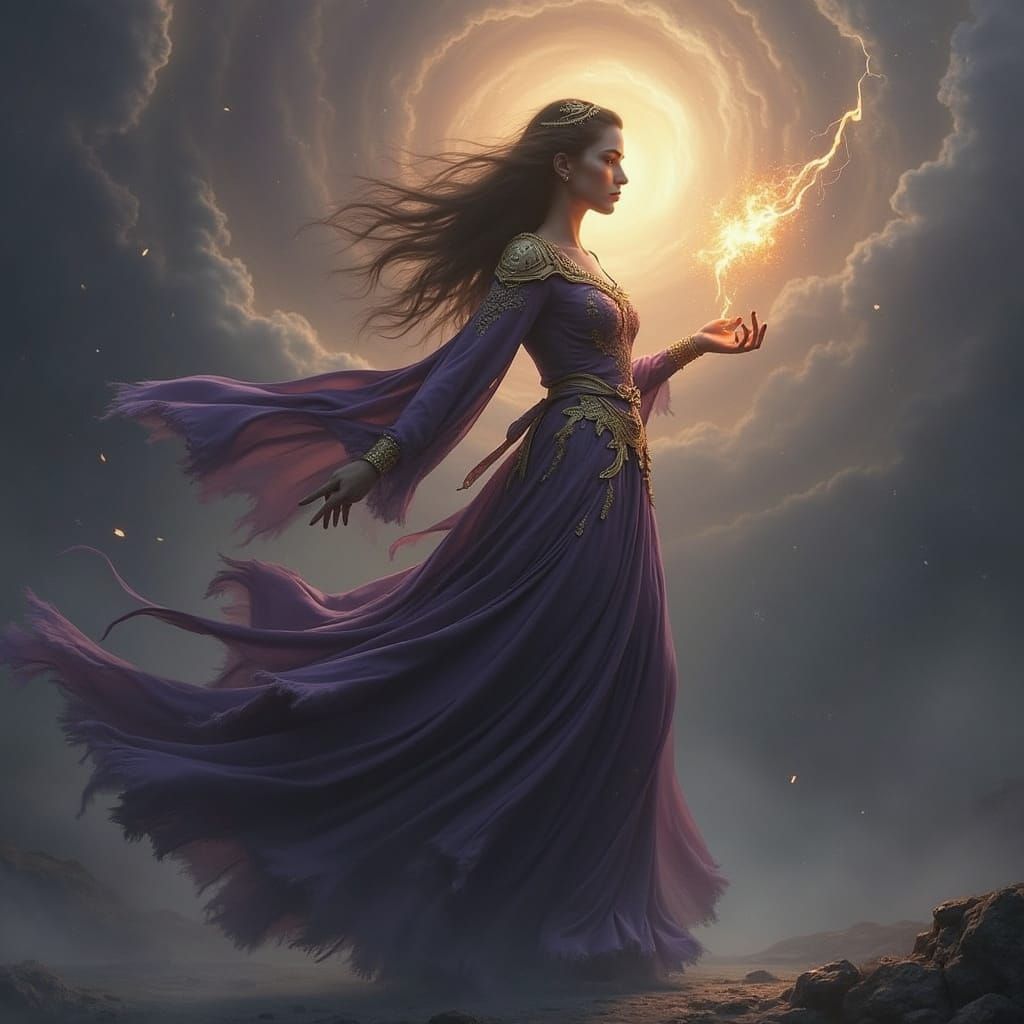 Majestic Storm Goddess in Lavish Purple Robe