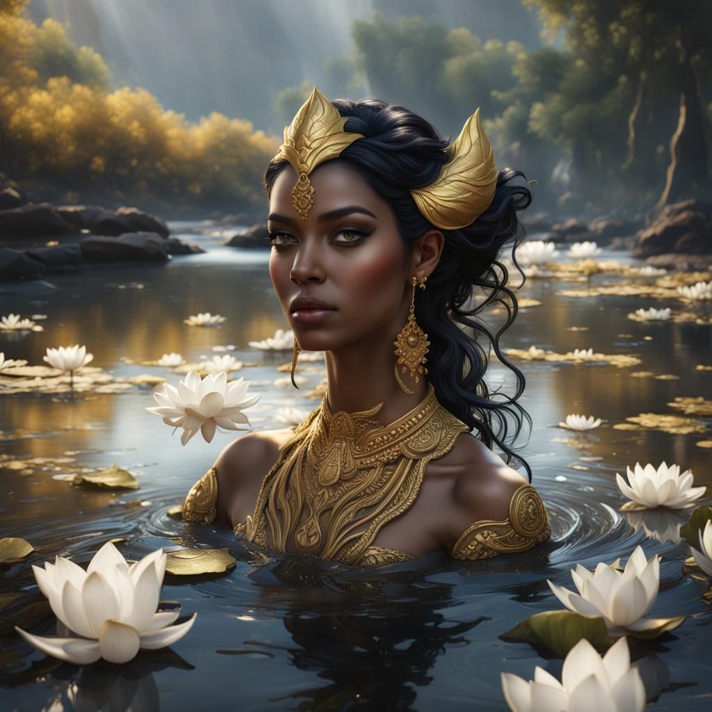 Goddess in Dry River with Lotuses: Fantasy Art