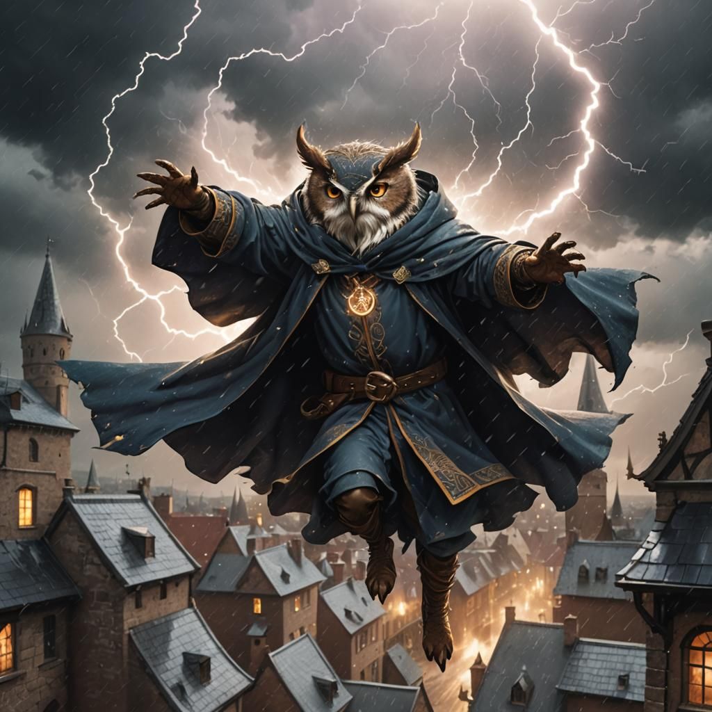 Medieval Owlin Sorcerer Descends in Storm