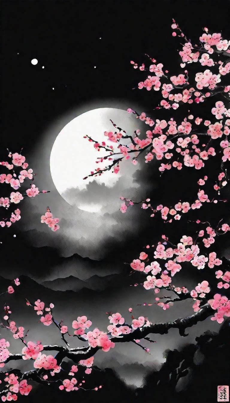 Cherry Blossoms Under Moon in Chinese Ink Style