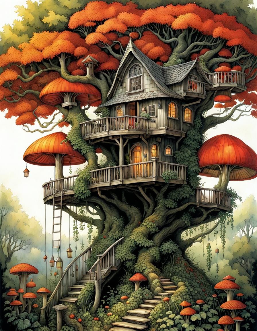 Enchanted Treehouses: A Fairytale Illustration