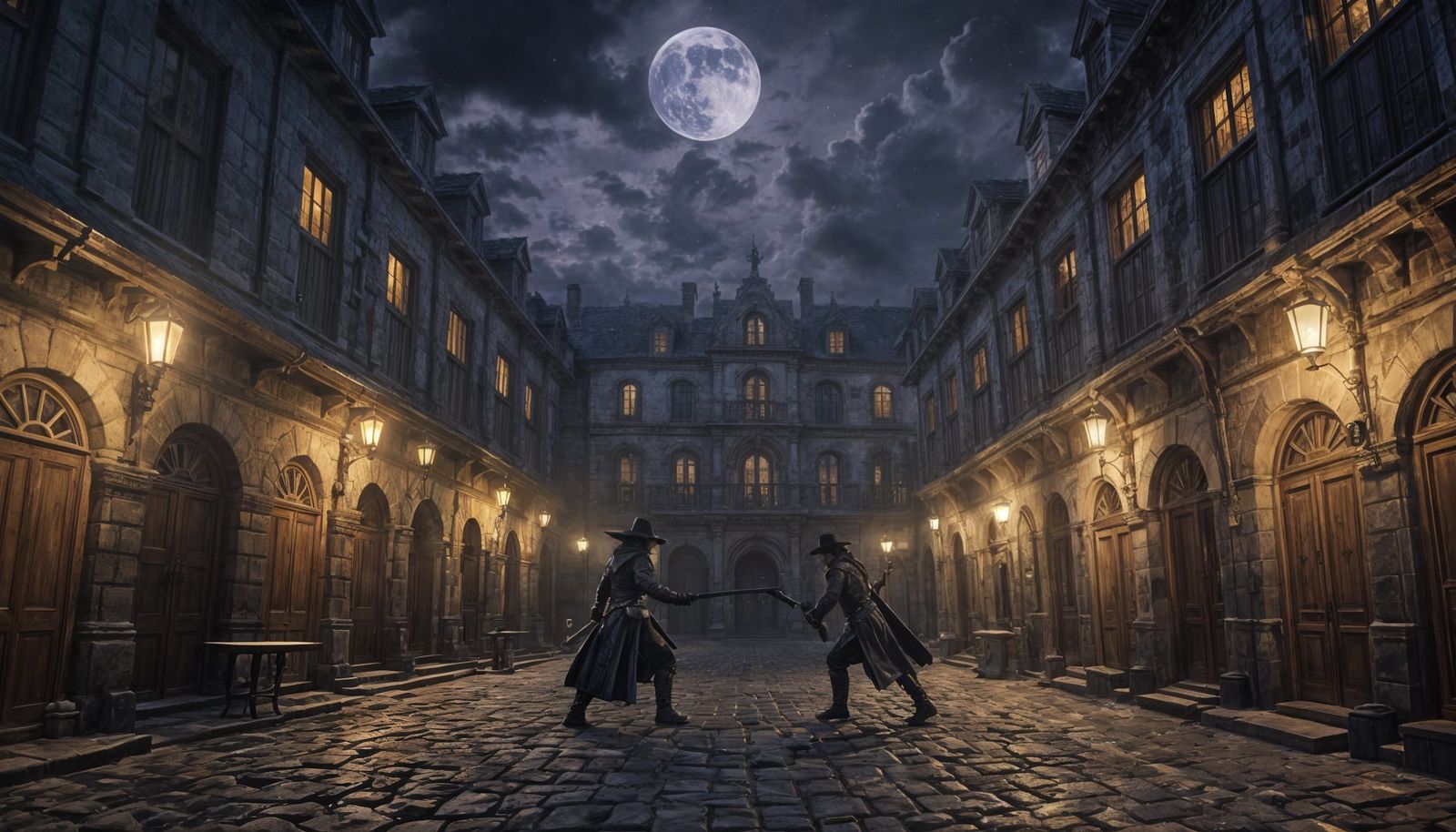 Epic Nighttime Cobblestone Courtyard Showdown in Dark Fantas...