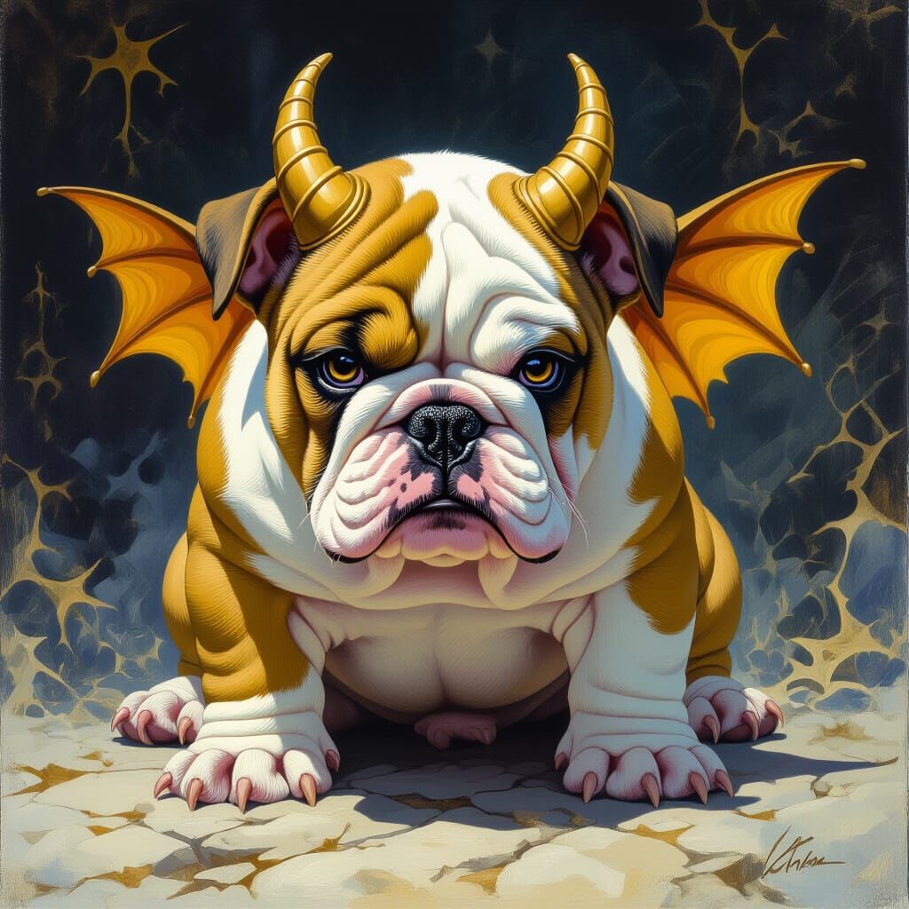 Demonic Bulldog with Bat Wings in Realistic Watercolor
