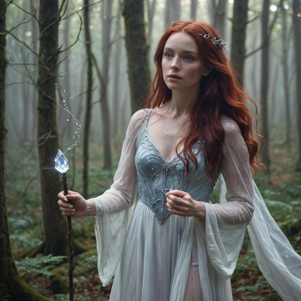 Enchanting Forest: Woman with Crystal Staff Fantasy Art
