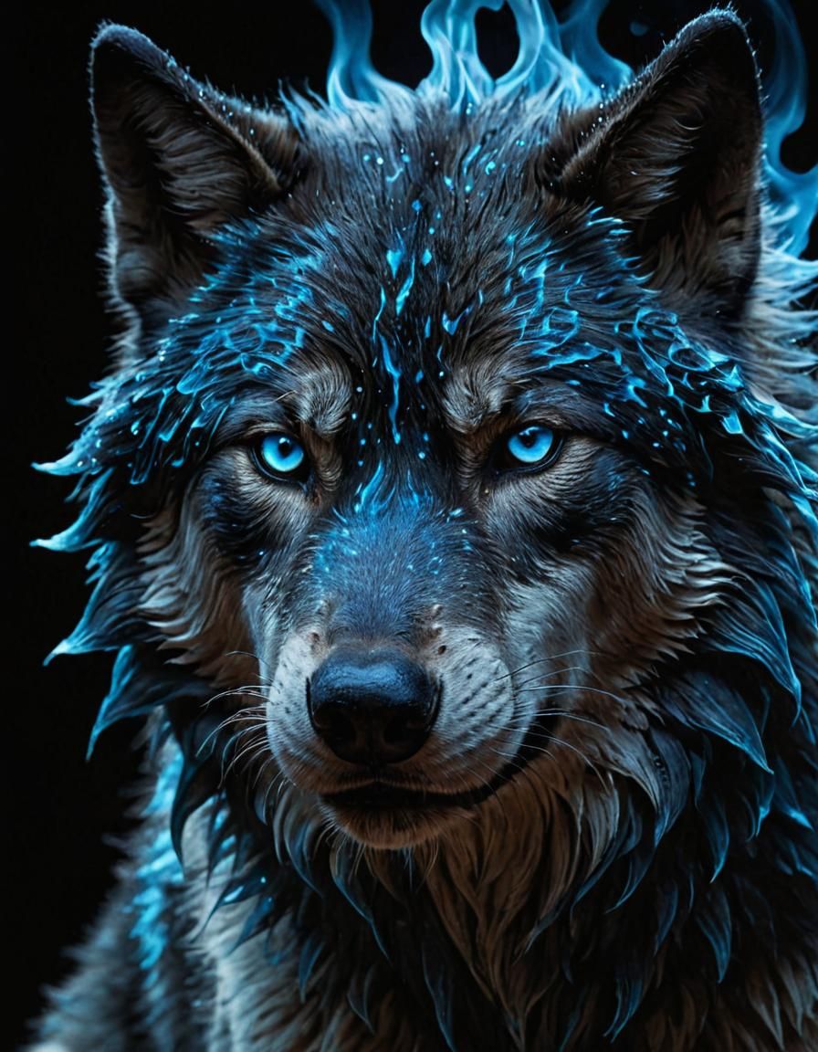 Ethereal Blue Flame Wolf Cinematic Close-Up