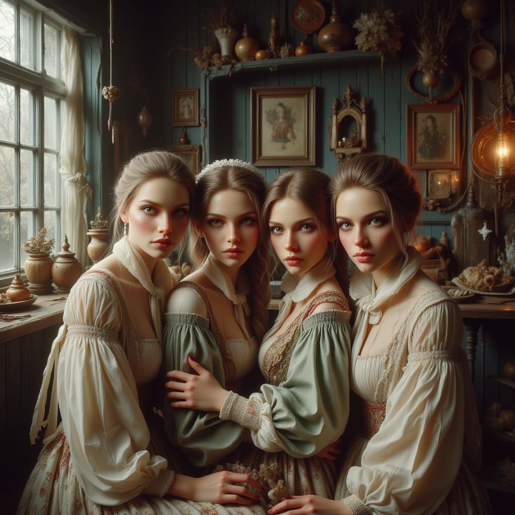 Four Sisters in Rustic Setting, Whimsical Impressionist Styl...