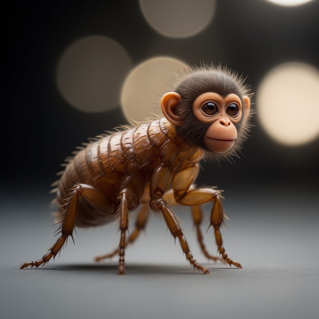 Hyperrealistic Monkey Head on Flea Macro Photo
