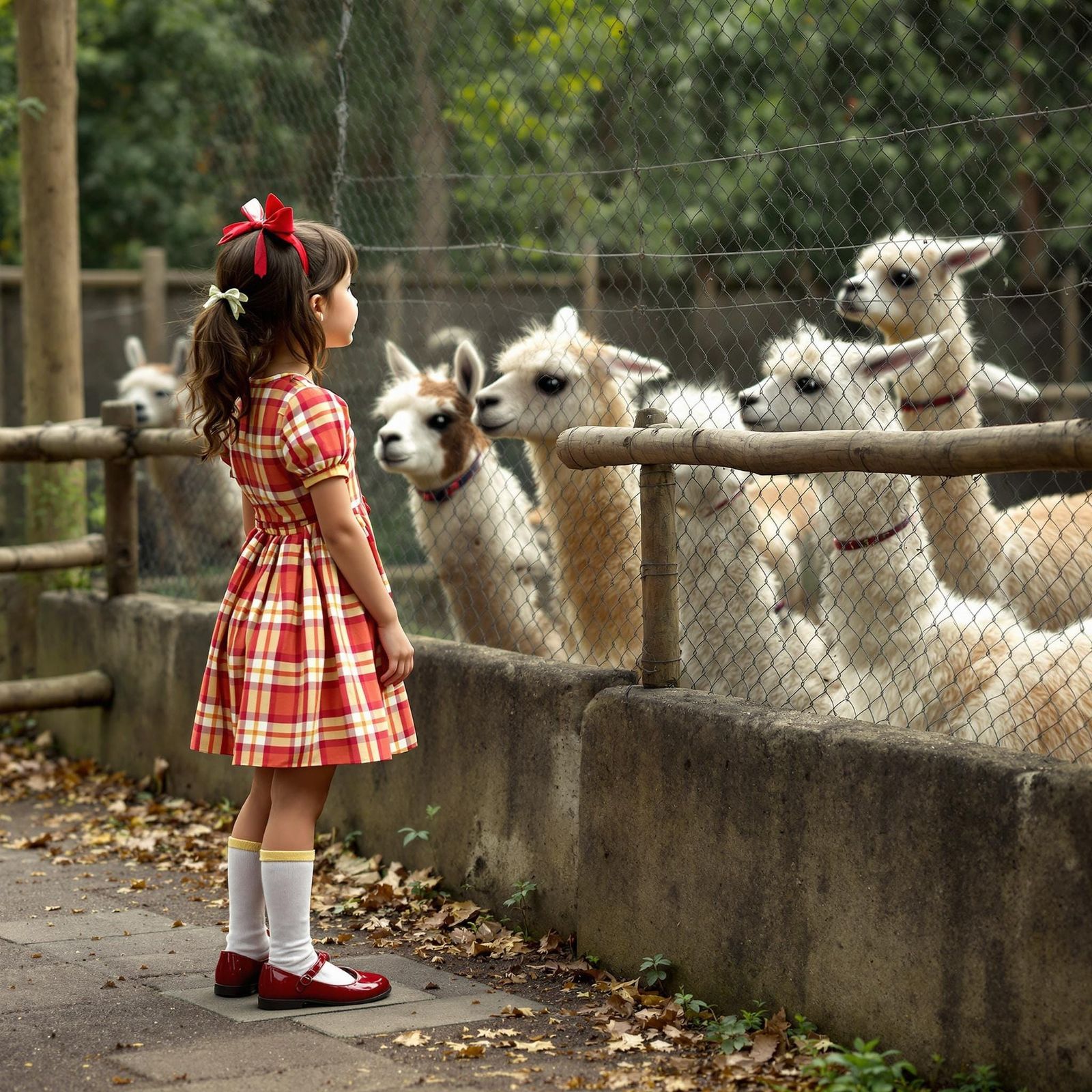 Girl Observes Llamas at the Zoo, Nostalgic Illustration