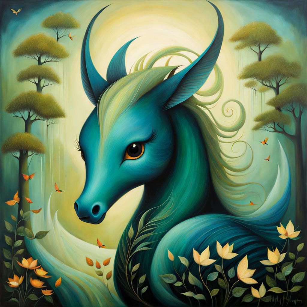 Dreamy Mythical Creature Introspection, Surreal Digital Art
