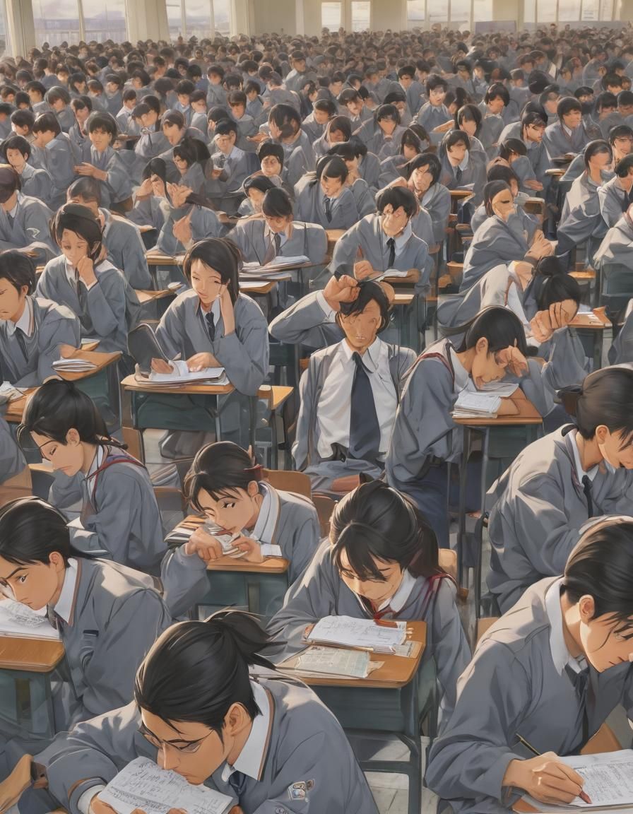 Stressed Student in Anime Style Classroom