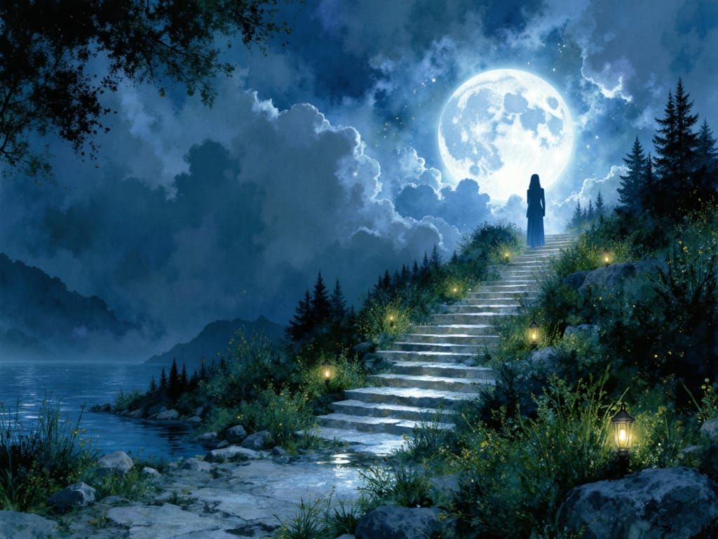 Surreal Staircase to Moonlit Sky