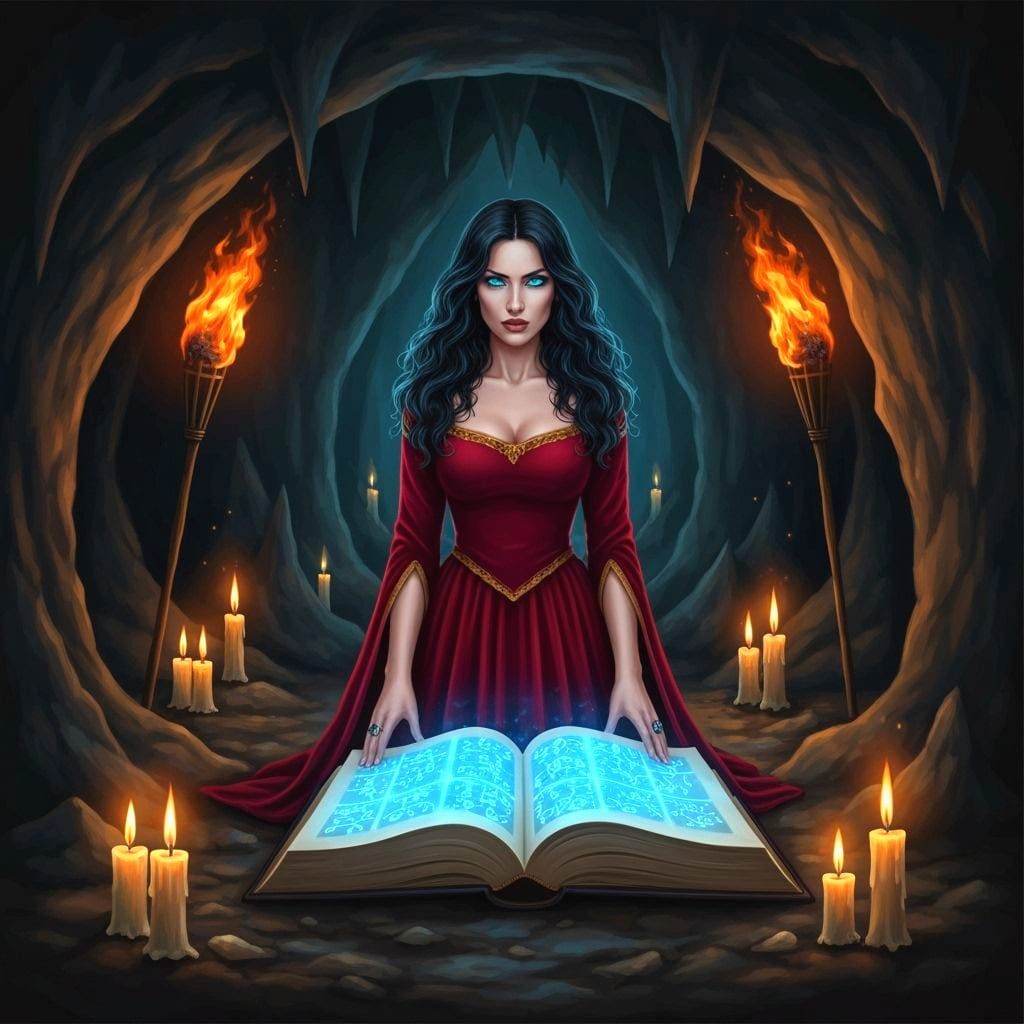 Mysterious Woman Reading Glowing Book: Vargas Style