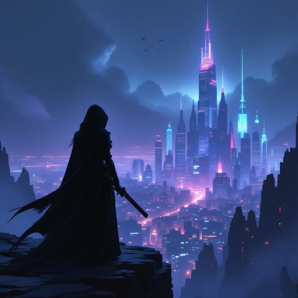 Assassin Overlooks Neon Digital Cityscape in Film Noir Style