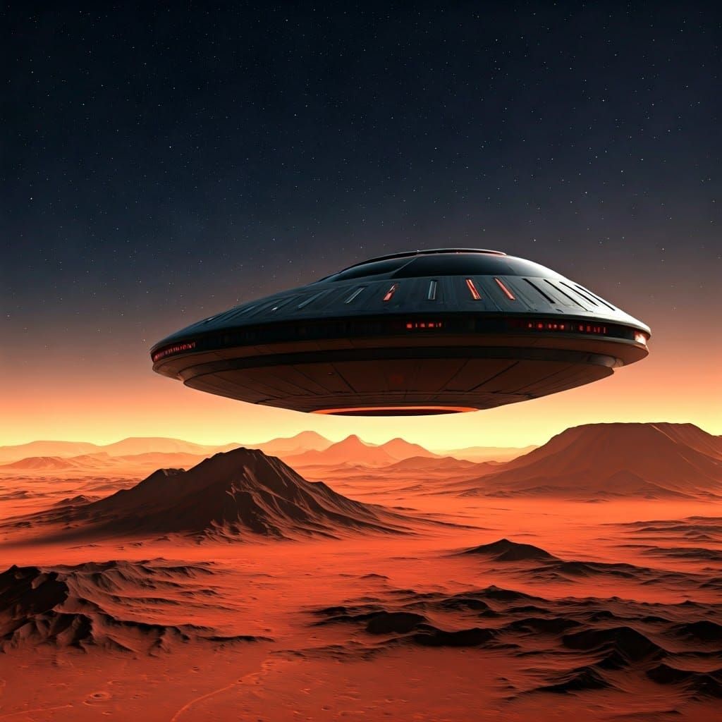 Black UFO Over Mars at Night