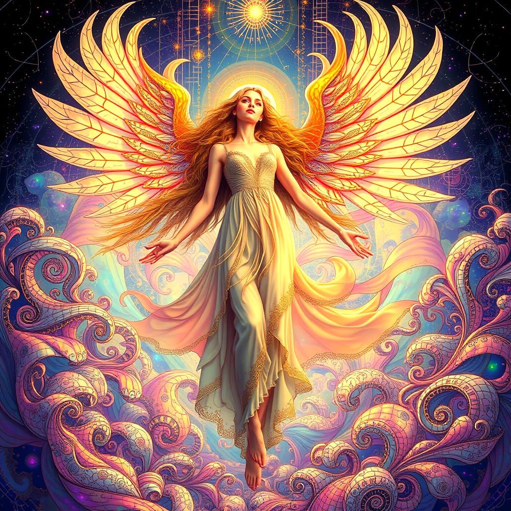 Ethereal Angel in Heaven with Abstract Fractals