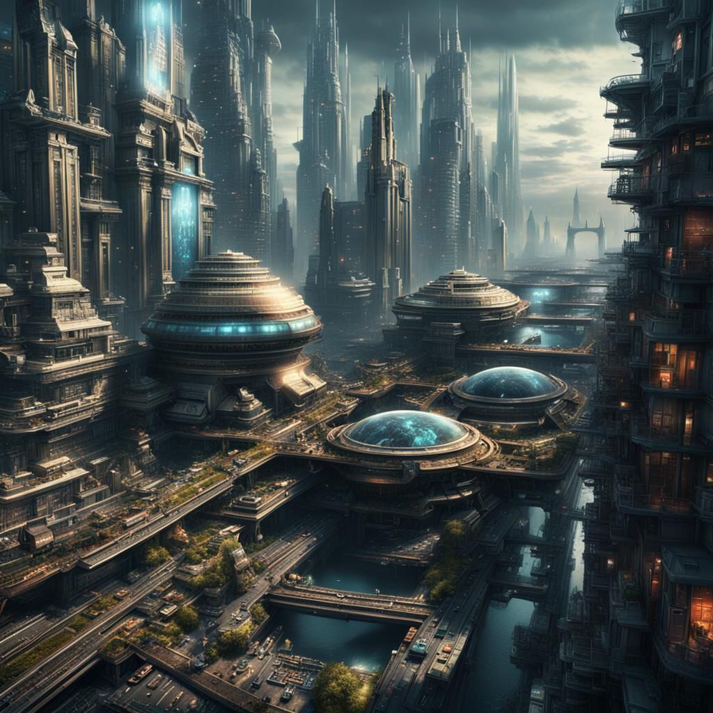 Futuristic Metallic Cityscape in Science Fiction Style