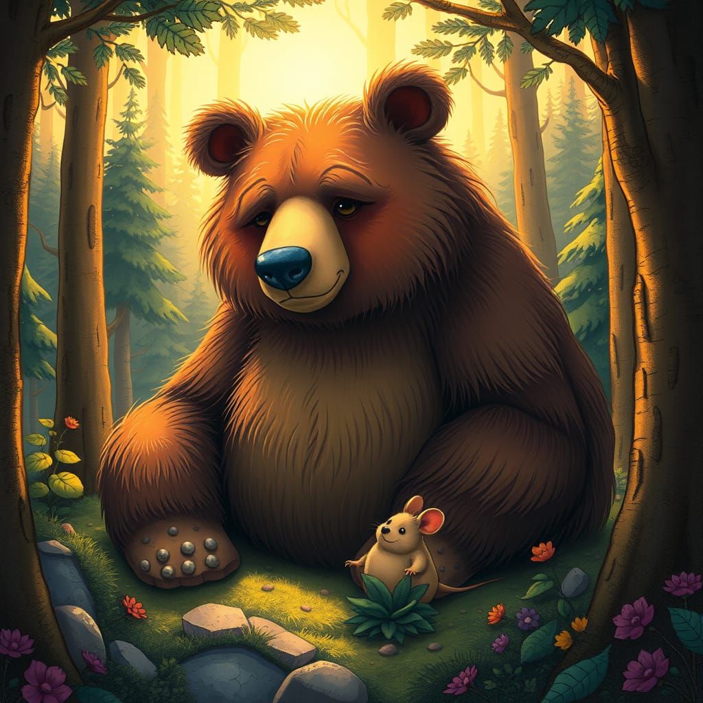 Giant Bear and Tiny Mouse in Whimsical Forest