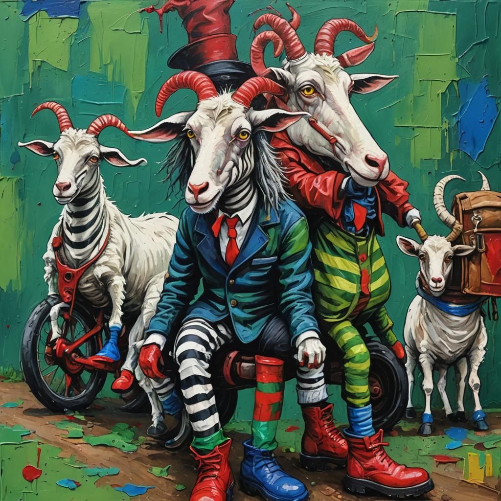Beetlejuice Bikers on Goat: Acrylic Painting
