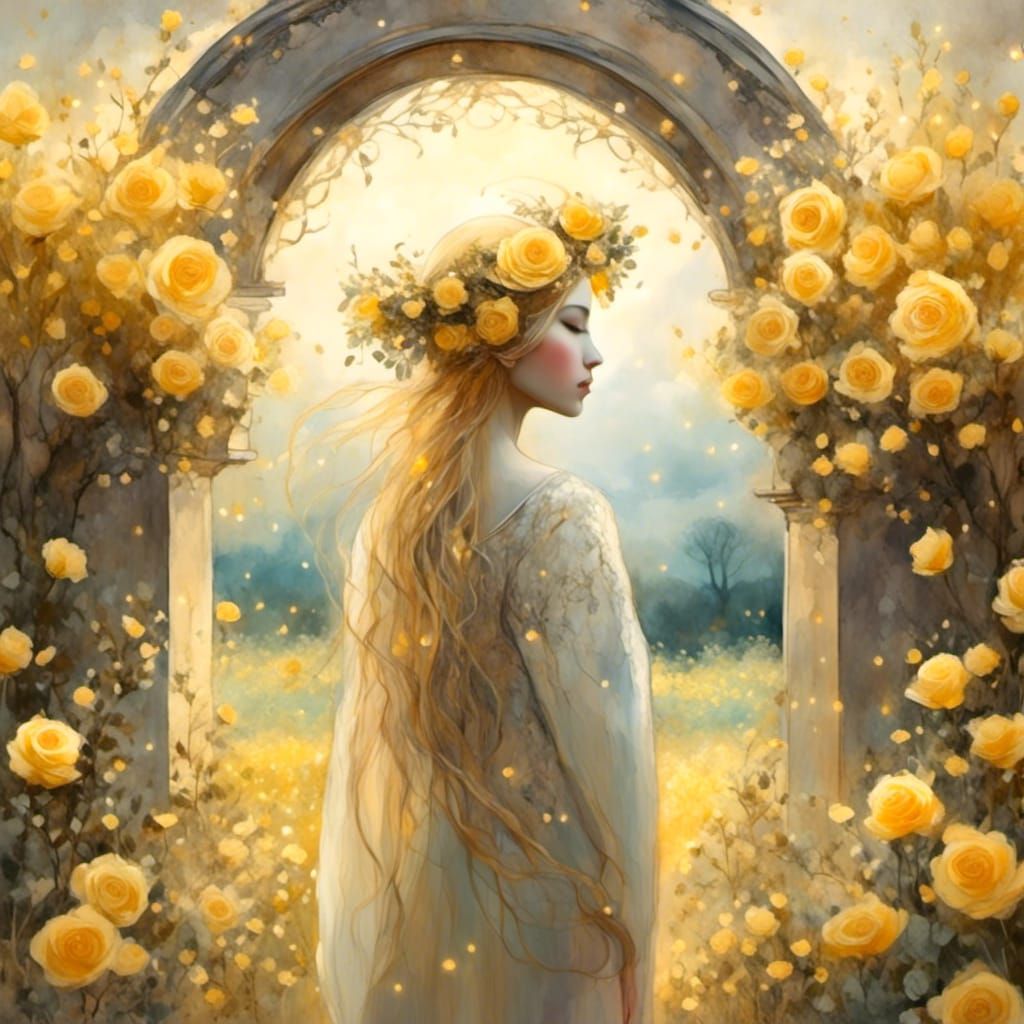 Winged Figure in Rose Garden with Glowing Archway