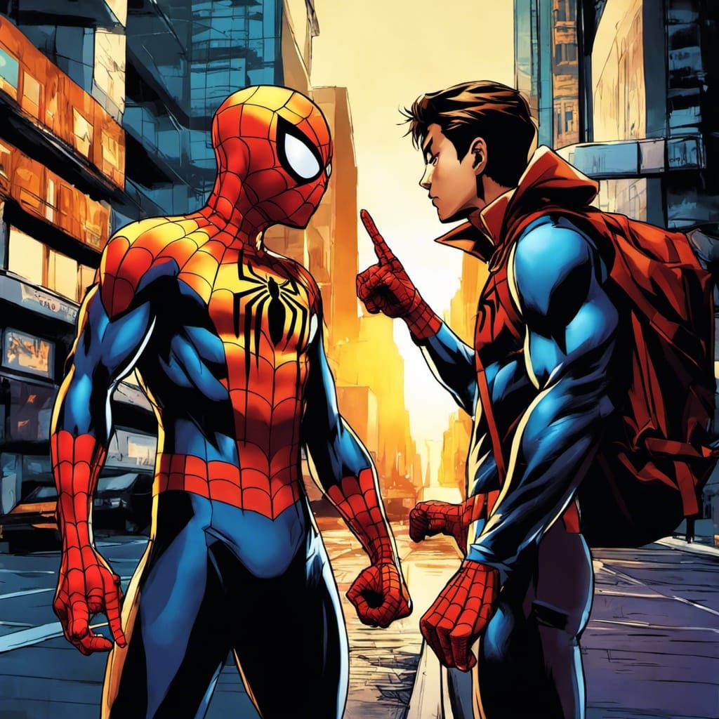 Two Spidermen Pointing in Anime Style