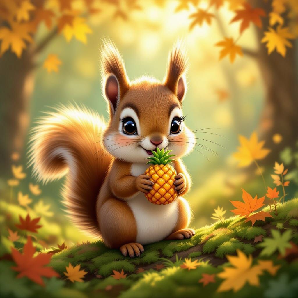 Cute Squirrel Holding Pineapple in Forest Clearing