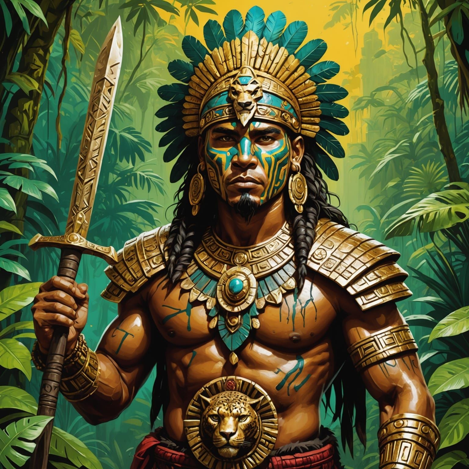 Aztec Warrior with Jaguar Headdress in Graffiti Art