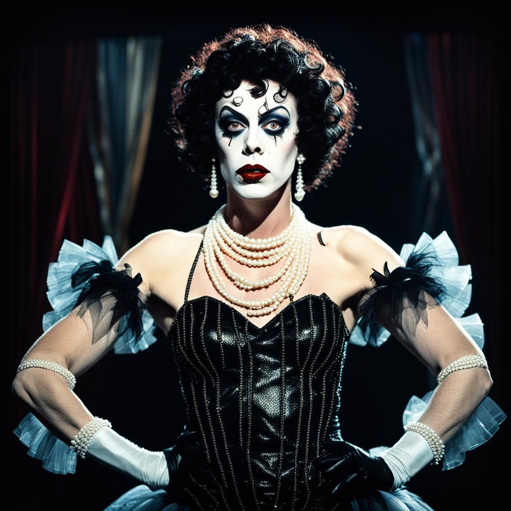 rocky horror picture show tim curry Dr Frank-N-Furter wearing pearls as a 1920s burlesque dancer