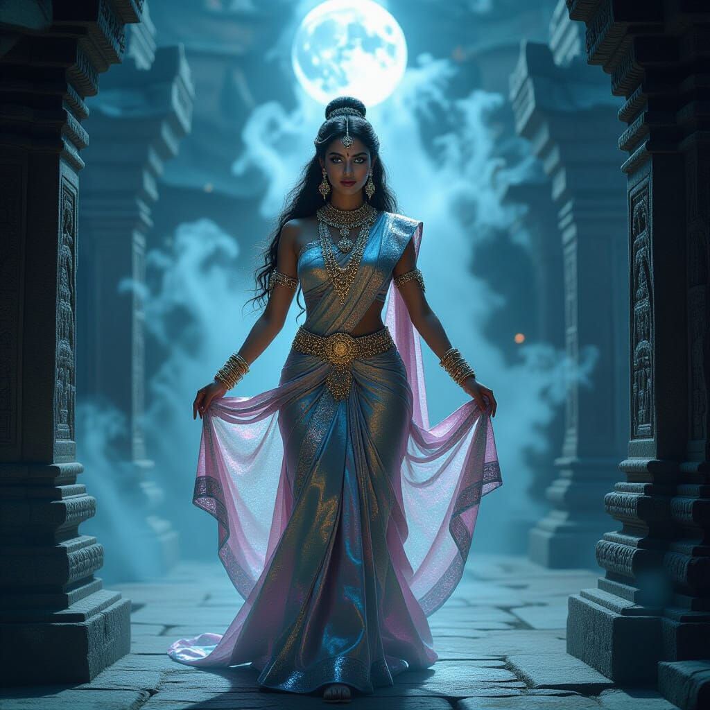Yakshini Emerges from Ethereal Mist in Moonlight