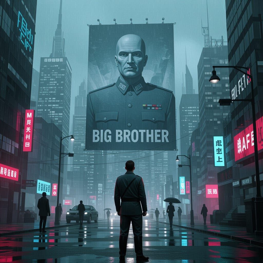Worried Man Under Big Brother Poster in Dystopian City