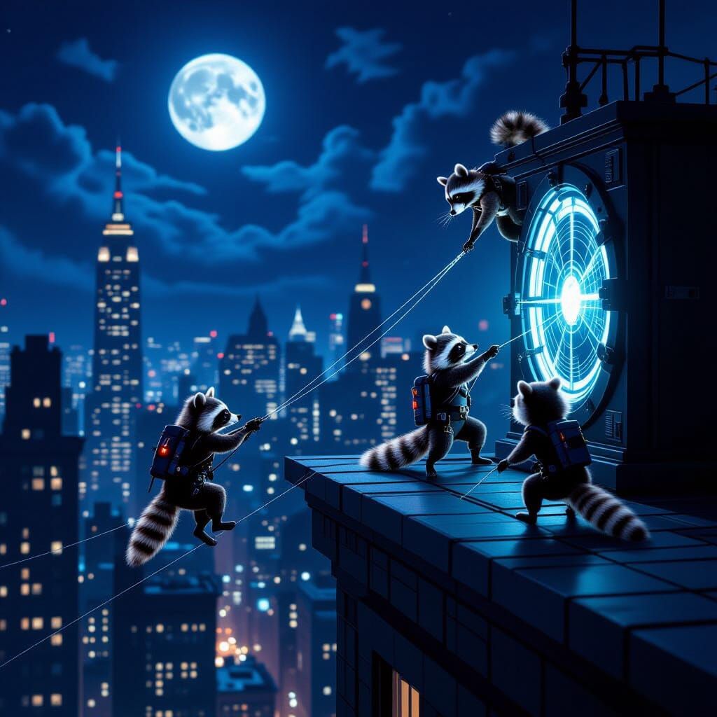 Raccoon Covert Operation on City Rooftop at Night