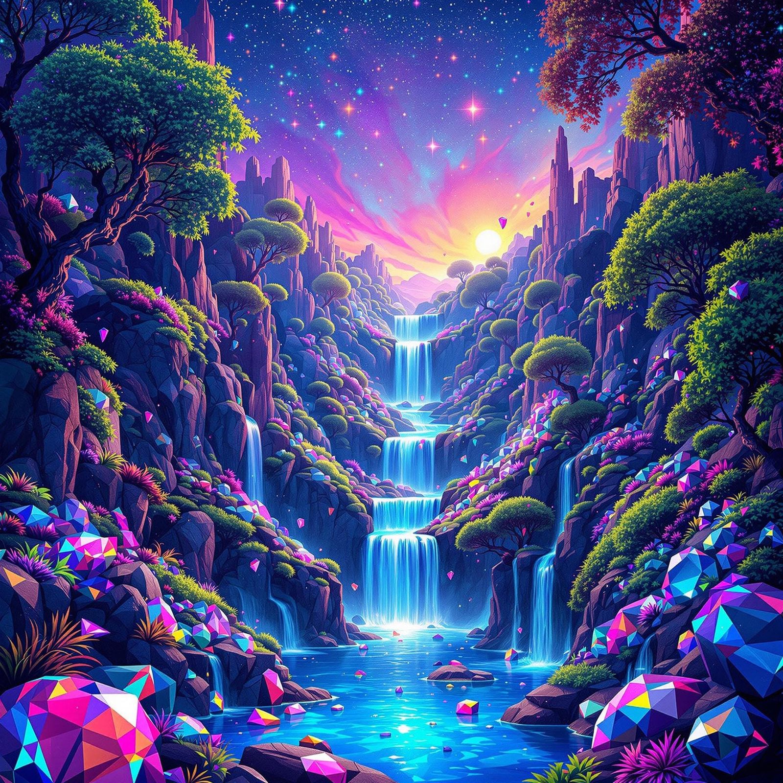 Vibrant Gemstone Fantasy Landscape in Cyberpunk Style