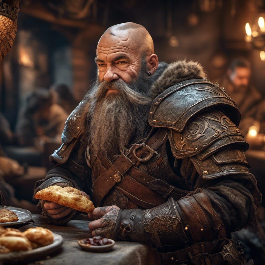 Hyperreal Crusty Dwarven Warrior in Medieval Tavern