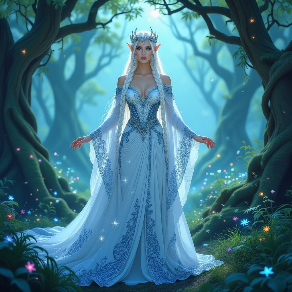 Ethereal Elven Queen in Art Nouveau Forest