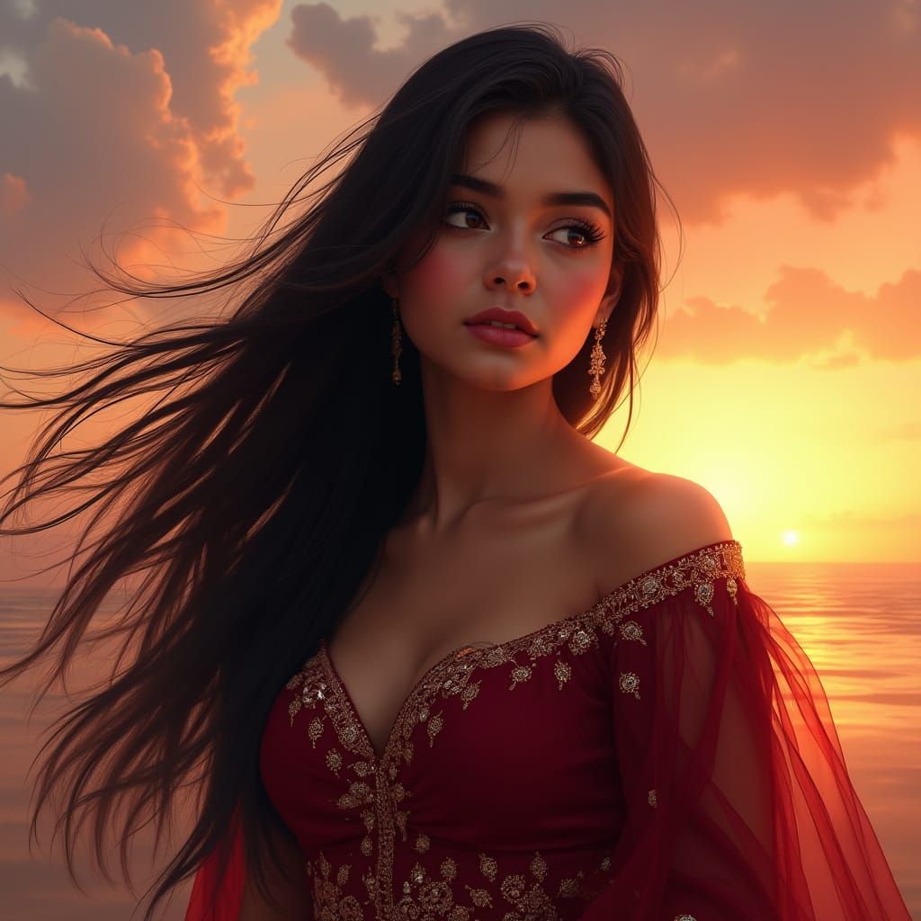 Hyper-Realistic Young Woman in Burgundy Lahenga Against a Su...